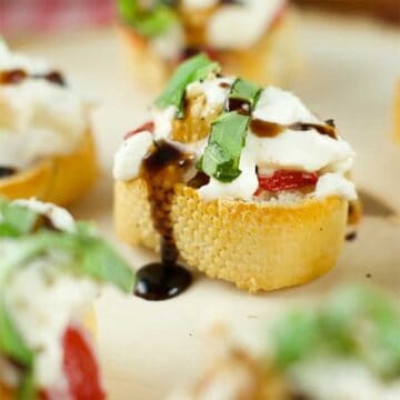 Closeup of roasted red pepper crostini.
