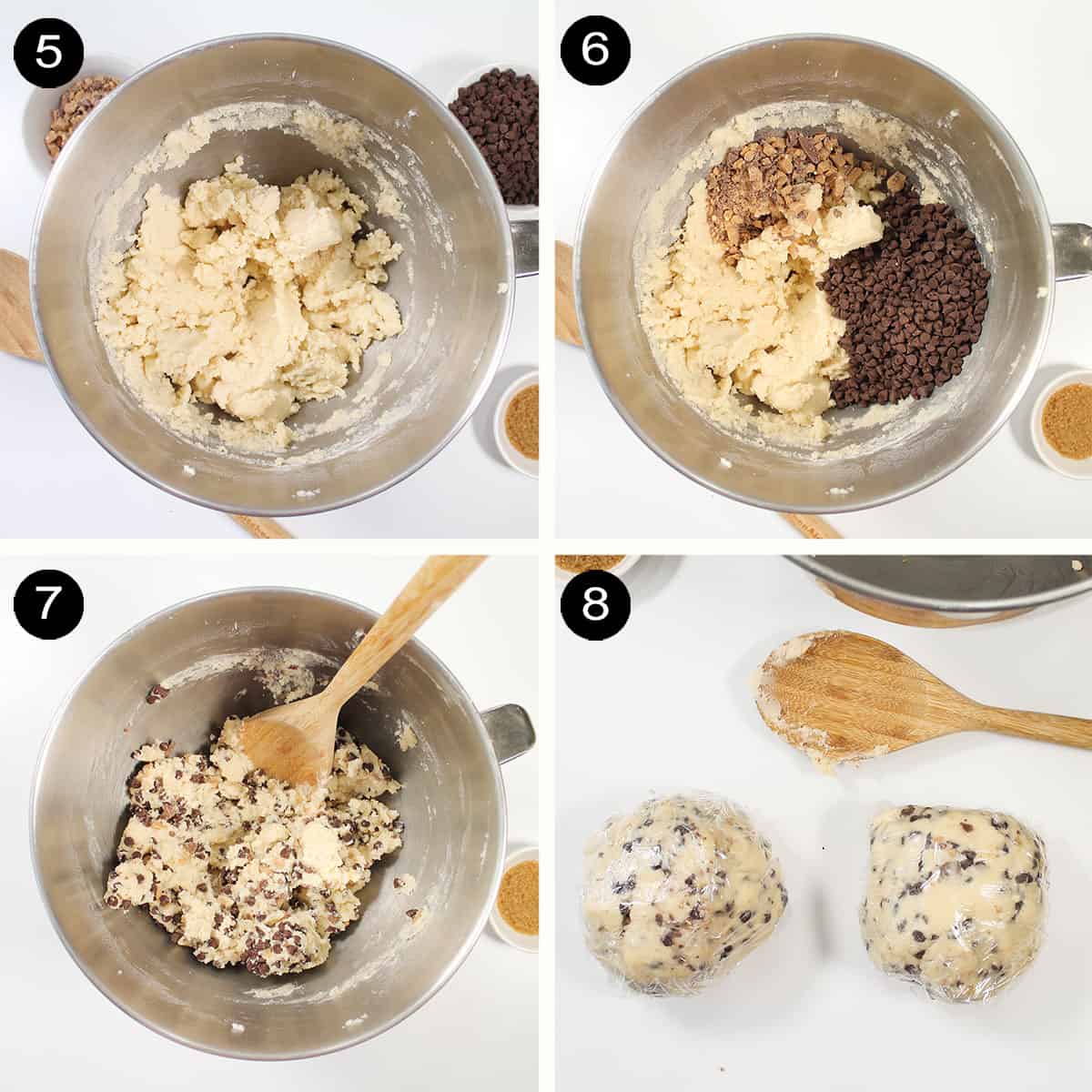 Steps 5-8 to finish chocolate chip shortbread dough.