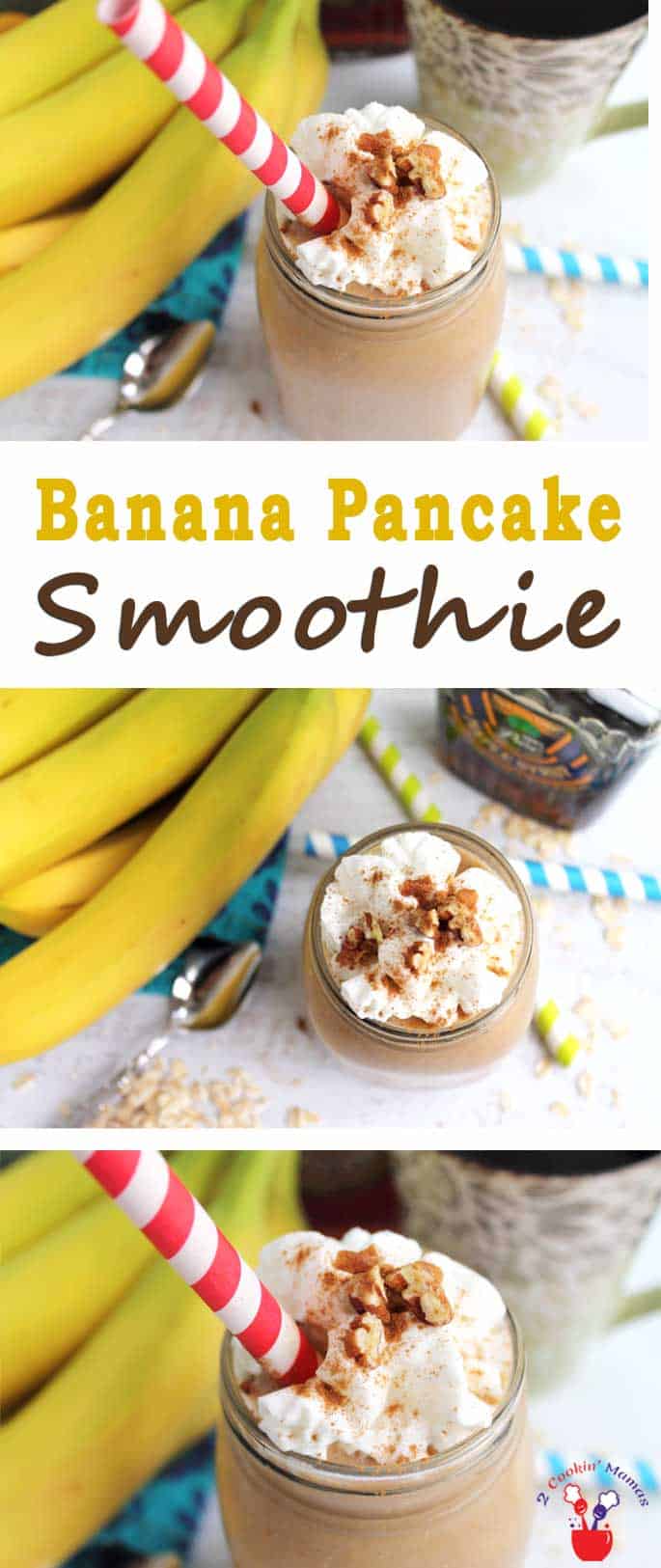 Banana Pancake Smoothie | 2 Cookin Mamas A healthy breakfast to start your day with the taste of pancakes. This Banana Pancake Smoothie is full of protein + a healthy dose of wake-me up coffee. #recipe #healthy #breakfast