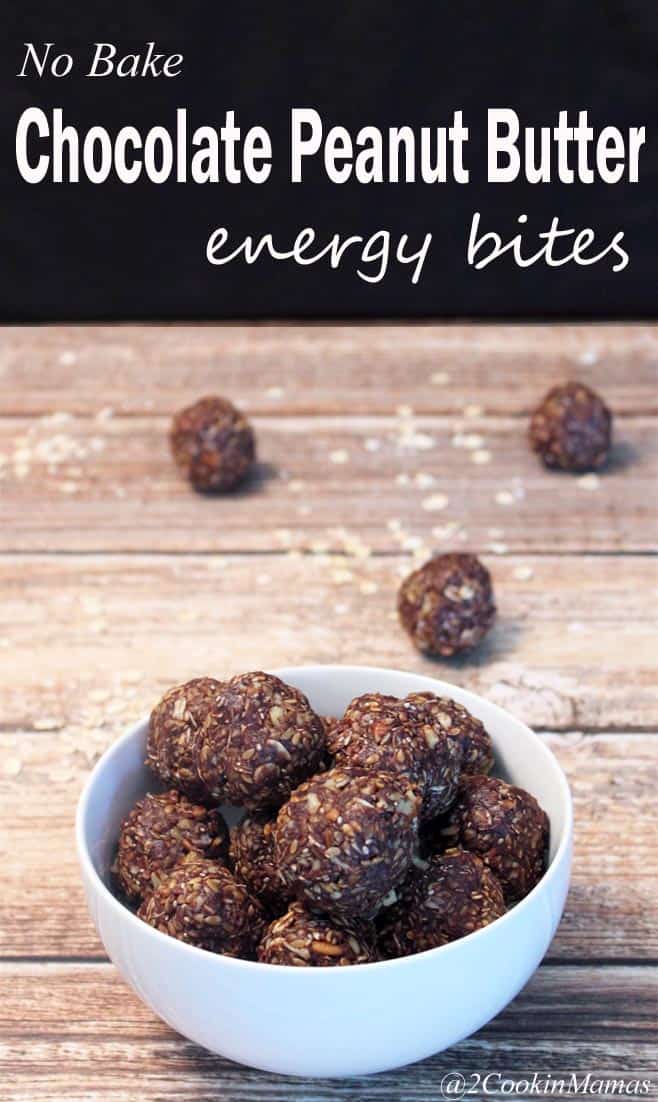 Chocolate Peanut Butter Energy Bites | 2 Cookin Mamas An easy & healthy snack that is perfect for that mid-afternoon slump. Plenty of protein, greens, grains & vitamins all in a delicious chocolate bite!