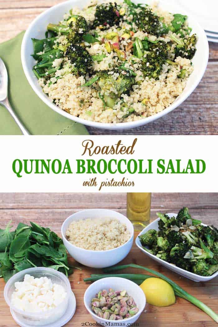 Roasted Quinoa Broccoli Salad is healthy, full of protein & easy to throw together. It can be a side, a meatless meal or, add chicken, salmon or shrimp, for the perfect lunch or dinner. #sidedish #healthy #quinoa #broccoli #meatlessmeal #dinner