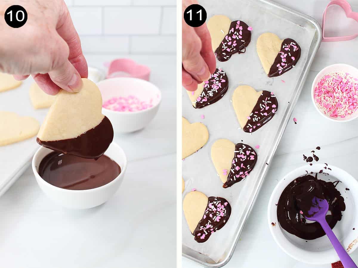 Dipping sugar cookies into chocolate and sprinkling with Valentine sprinkles.