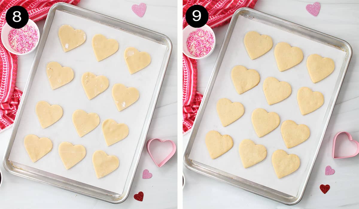 Unbaked and baked Valentine heart cookies on cookie sheets.
