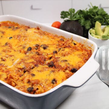 Enchilada casserole on kitchen table.