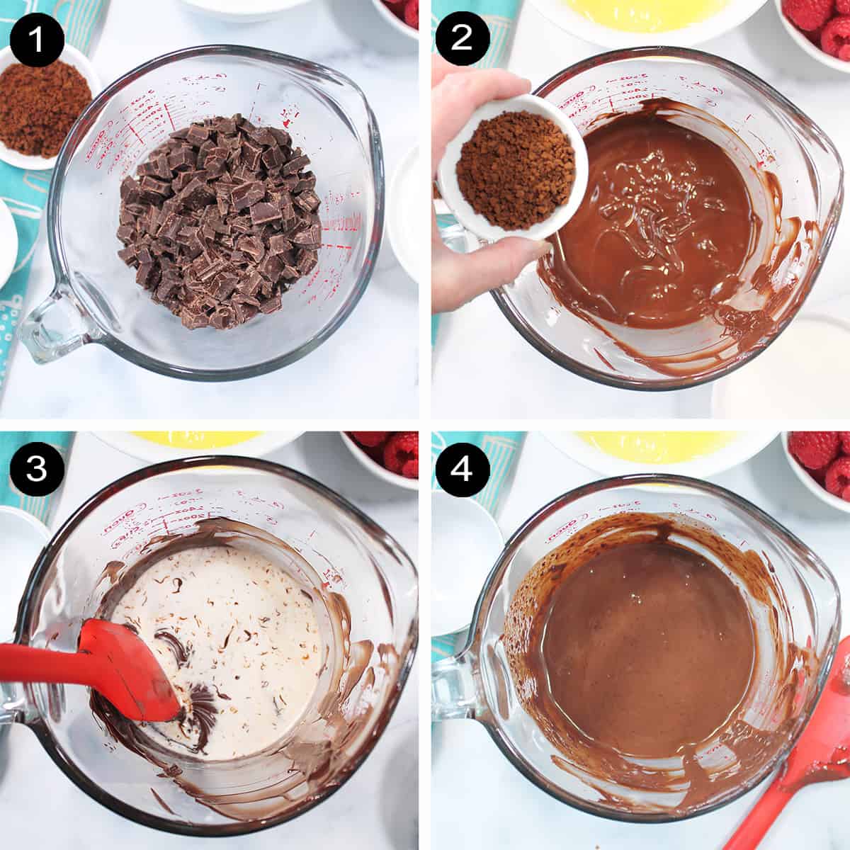 Collage of steps to make chocolate base.