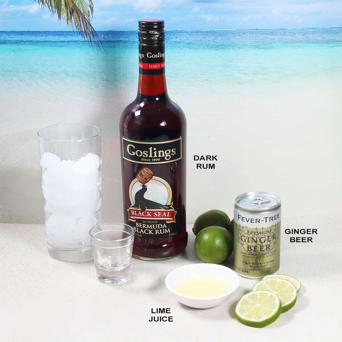 Dark and Stormy recipe ingredients.