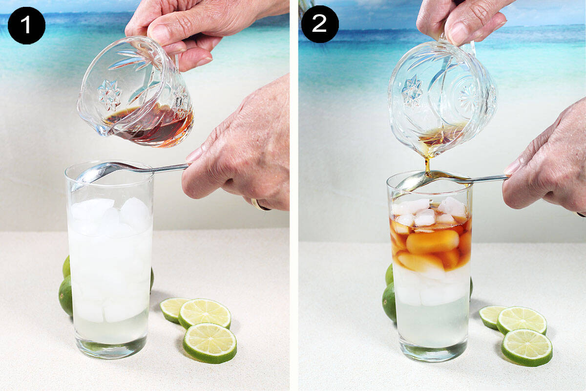 Making a Dark & Stormy cocktail.