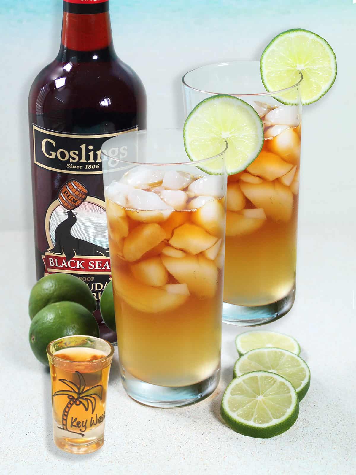 Two Dark and Stormy cocktails, stirred with dark rum.
