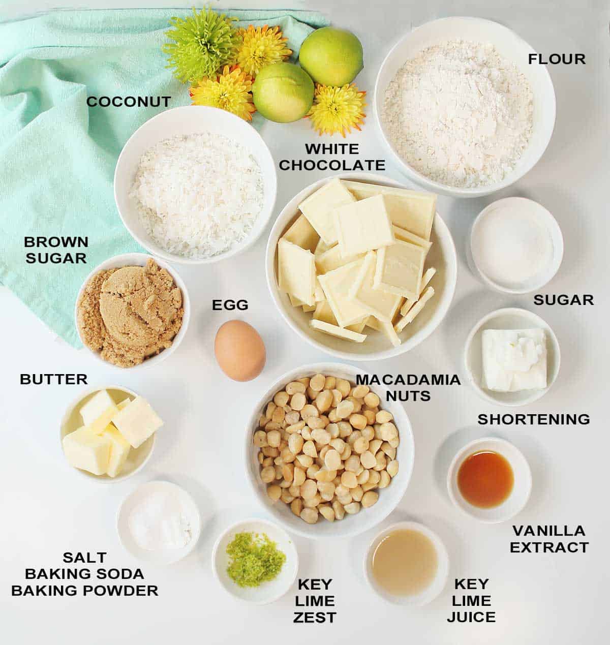 Ingredients for coconut white chocolate cookies.