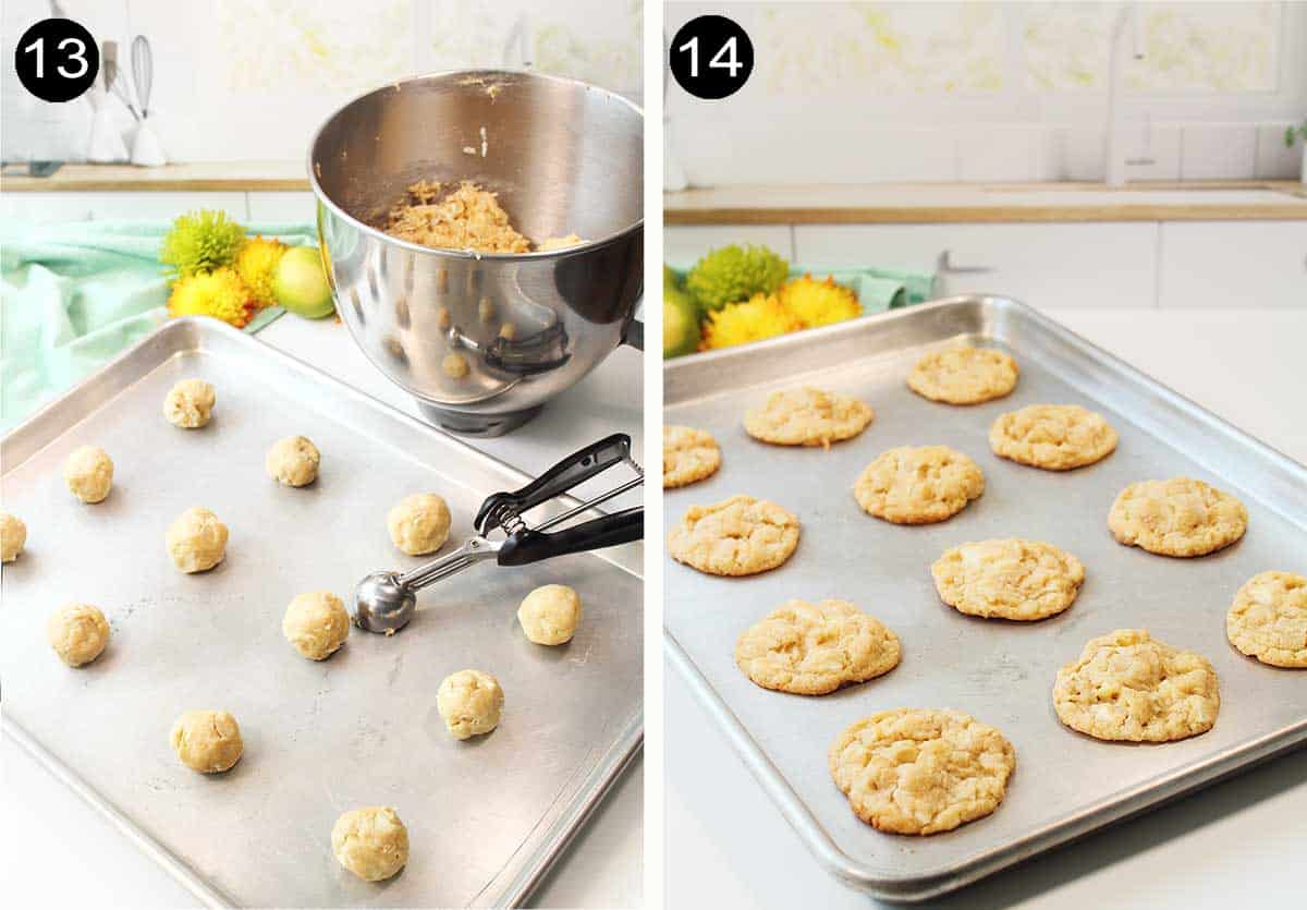 Unbaked and baked white chocolate chip cookies on cookie sheet.