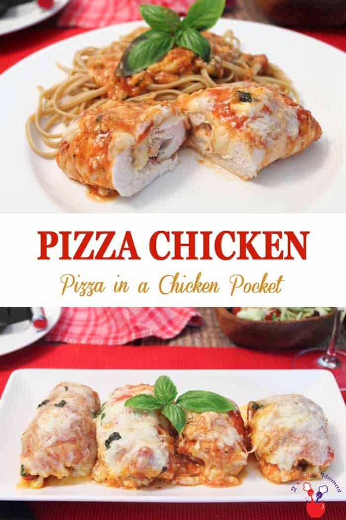 Pizza Chicken | 2 Cookin Mamas Our Pizza Chicken is simple to make and super delicious. It's dinner wrapped up in one little package! Chicken stuffed with all the pizza toppings you love - cheese, pepperoni & more cheese! And cleanup is a breeze! #chickendinner #pizza #chickenbreasts #easyrecipe