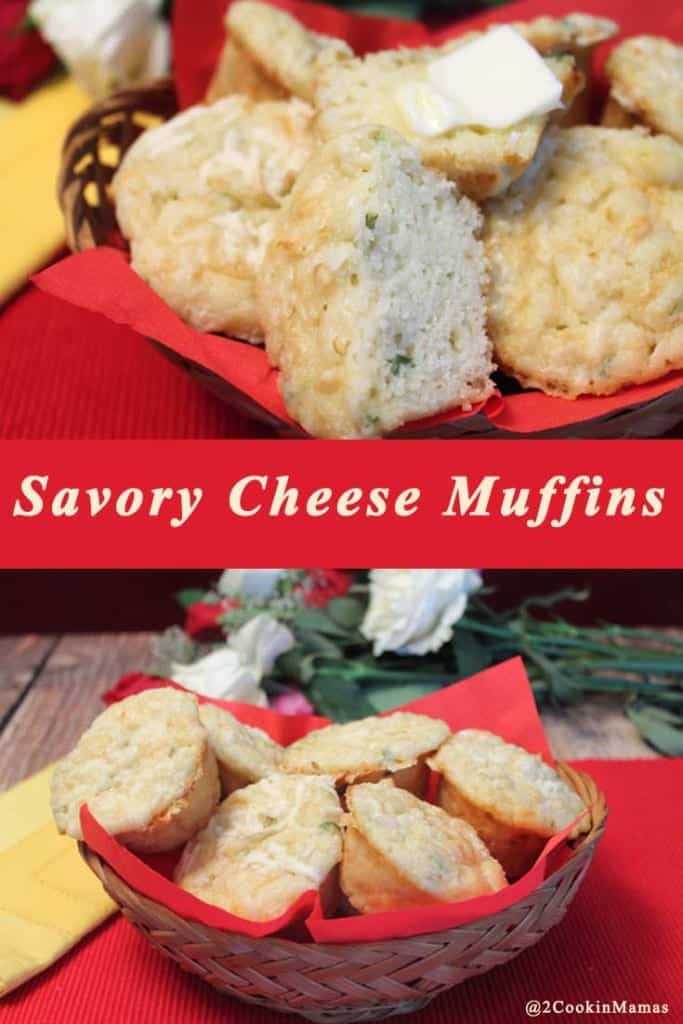 Savory Cheese Muffins pin| 2CookinMamas Easy to make savory muffins full of cheese & green onion. The perfect accompaniment to any meal.