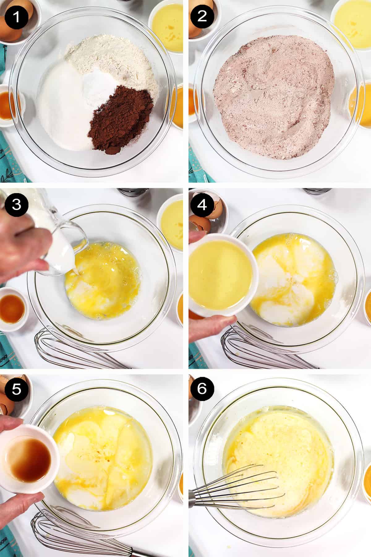 Steps 1-6 to make chocolate cake batter.