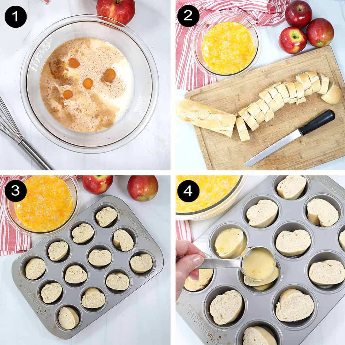 Steps 1-4 to make French Toast Muffins.