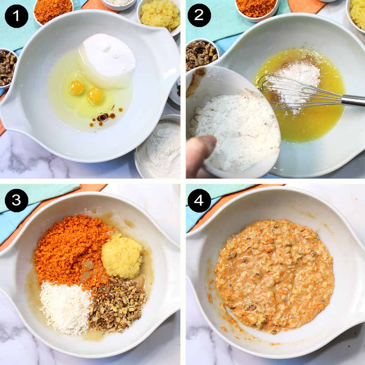 Prep steps to make carrot cake batter.