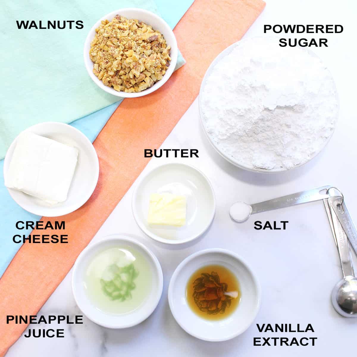 Pineapple cream cheese frosting ingredients.