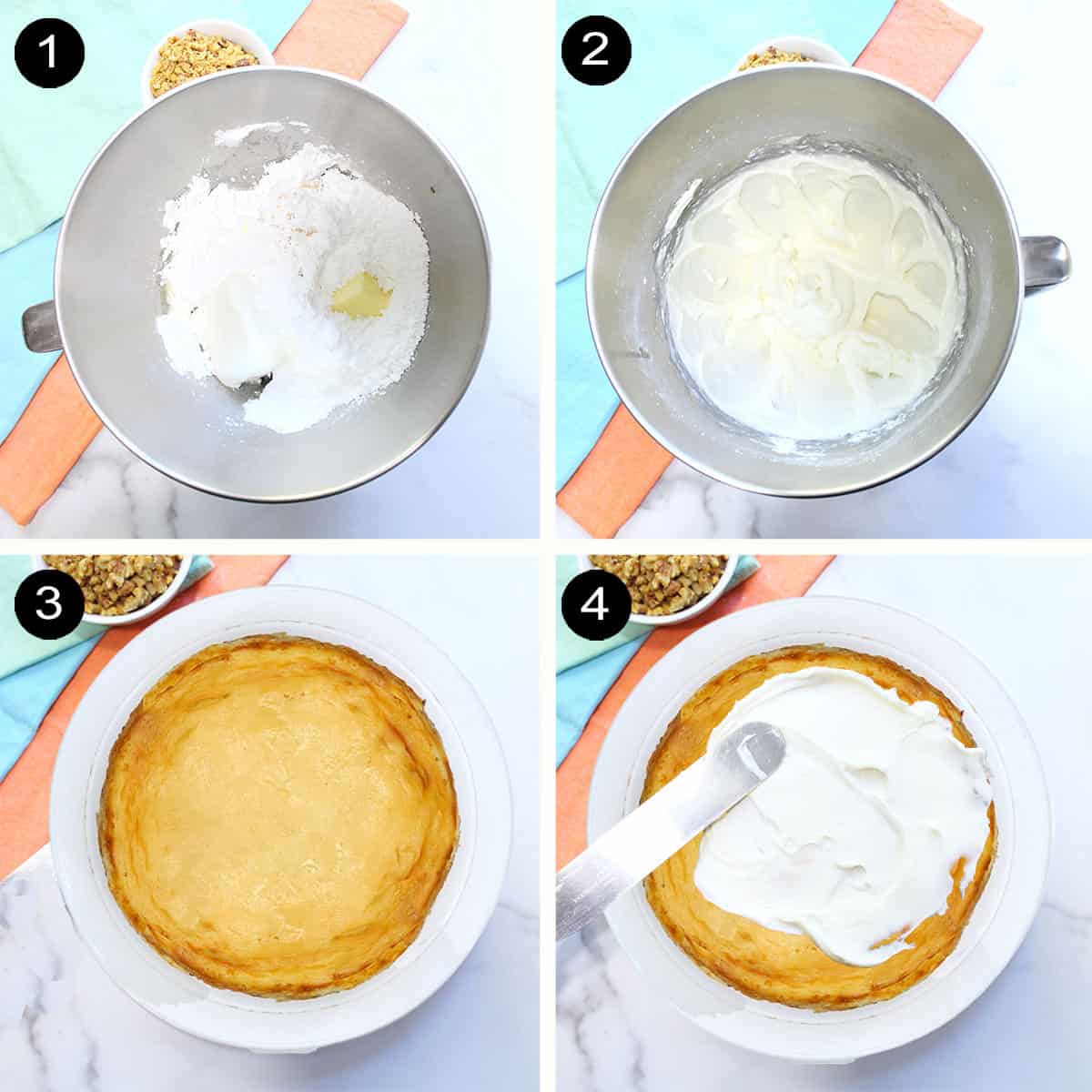 Prepping pineapple cream cheese frosting and spreading it on cheesecake.
