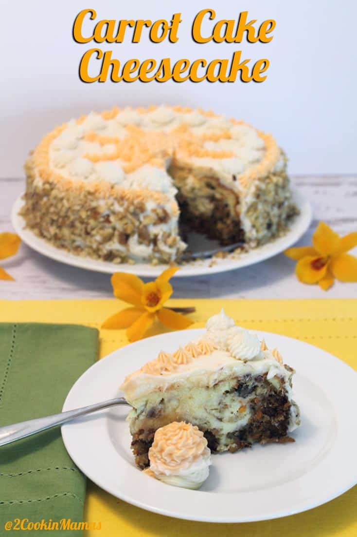 This copycat Carrot Cake Cheesecake, full of moist carrot cake & rich cheesecake, is just as delicious as the Cheesecake Factory original. Yum! #cheesecake #carrotcake #cheesecakefactorycopycat #dessert