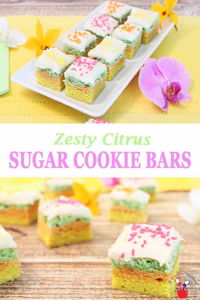 These pretty pastel-colored citrus sugar cookie bars are perfect for celebrating Easter, spring and summer holidays. A flavorful combination of lime, orange and lemon, topped with vanilla frosting and seasonal toppings make these citrus bars the perfect sweet treat. #sugarcookies #cookies #barcookies #Eastercookies #springcookies #recipe