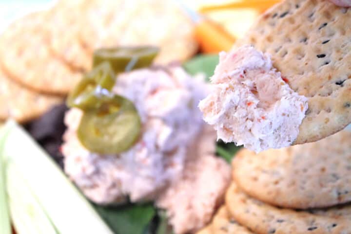 A scoop of fish dip on a cracker.