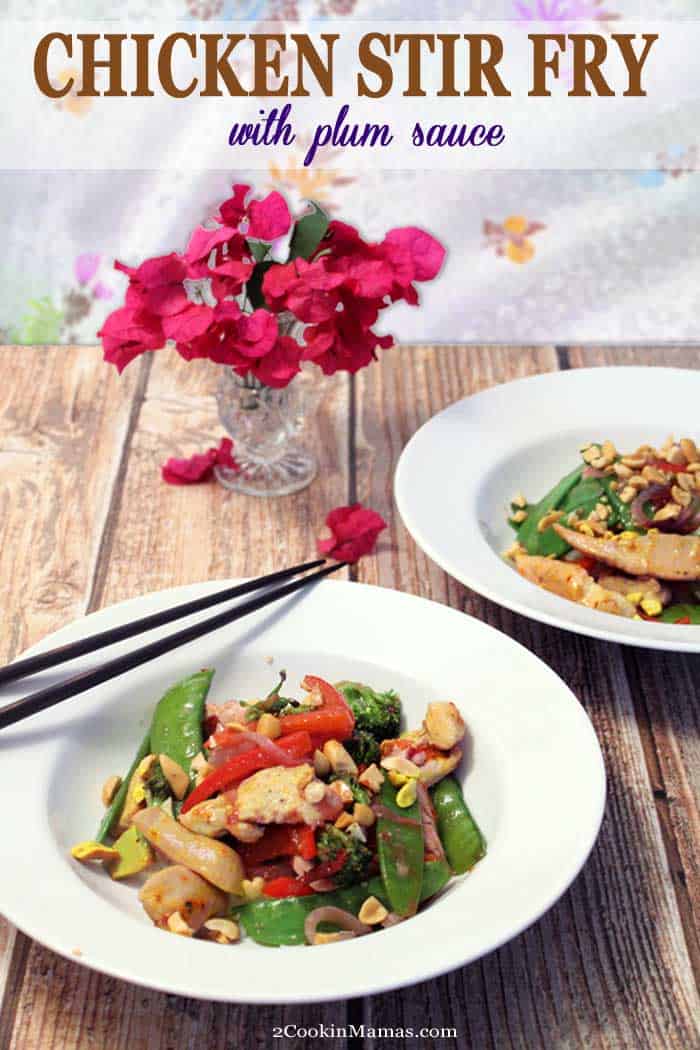This Chicken Stir Fry is a quick, easy & healthy dinner for busy weeknights. Chicken and vegetables are quick fried then tossed with a fresh, piquant plum sauce for the perfect dinner in 30! #asiandish #chicken #stirfry #easydinner #dinnerin30 #plumsauce #recipe