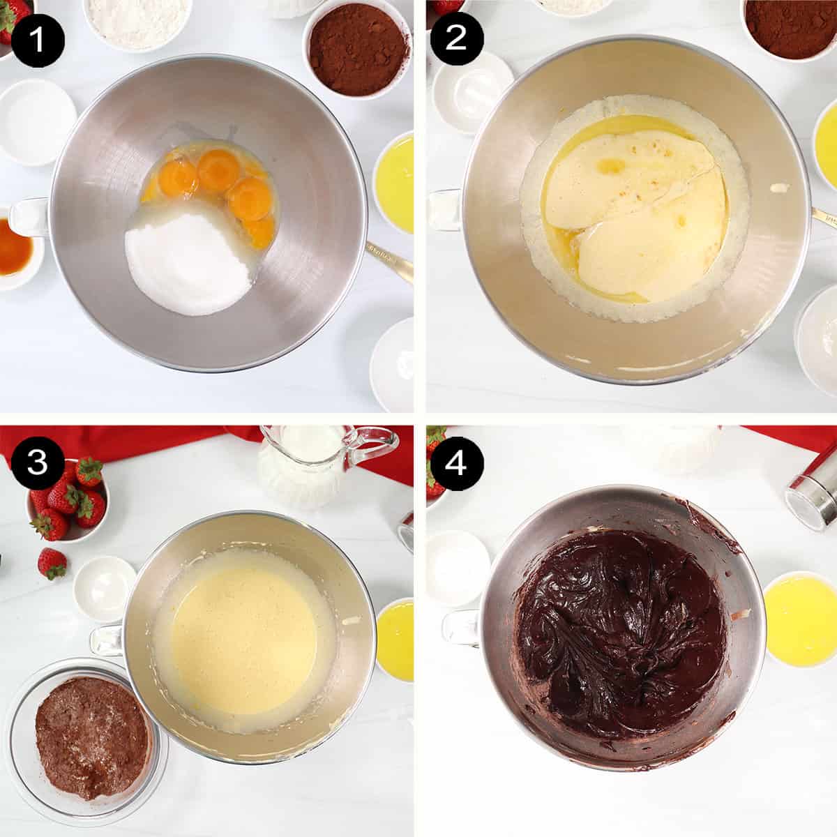 Steps 1-4 to make Chocolate Magic Cake recipe.