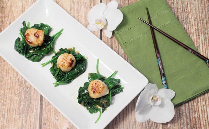 Seared Sea Scallops over Garlic Spinach overhead | 2 Cookin' Mamas