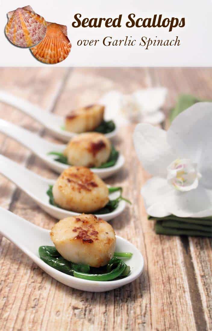 Seared Sea Scallops over Garlic Spinach | 2 Cookin' Mamas Delicious & super healthy dinner on the table in less than 10 minutes! #scallops #recipe #dinner #easyrecipe #seascallops #seafood #appetizer