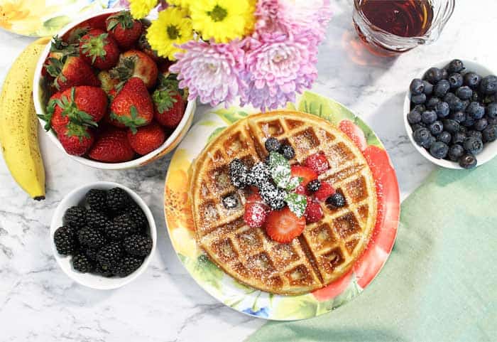 Waffle breakfast with fruit overhead