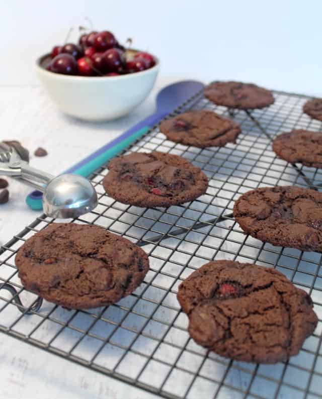 Chocolate Chocolate Cherry Cookies cooling | 2 Cookin Mamas