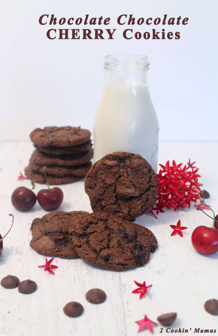 Chocolate Chocolate Cherry Cookies | 2 Cookin Mamas Rich chocolate cookies filled with fresh seasonal cherries & dark chocolate chips. The perfect cookie for chocolate lovers!