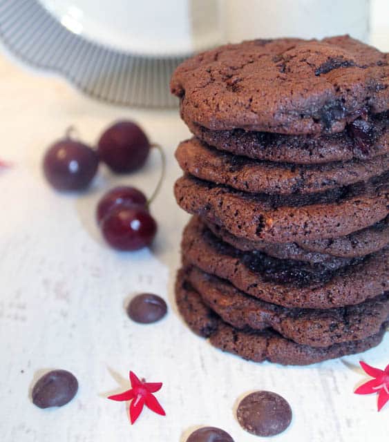 Chocolate Chocolate Cherry Cookies stacked | 2 Cookin Mamas