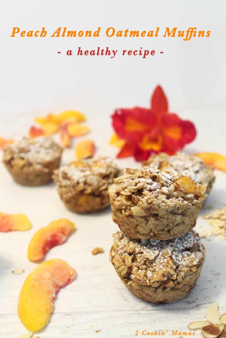 Easy to make Peach Almond Oatmeal Muffins are a healthy start to any day. Packed full of oatmeal, peaches & almonds, it's the perfect breakfast on-the-go. #quickbreakfast #onthegobreakfast #healthybreakfast #oatmealmuffins #peaches #oatmeal #glutenfreemuffins