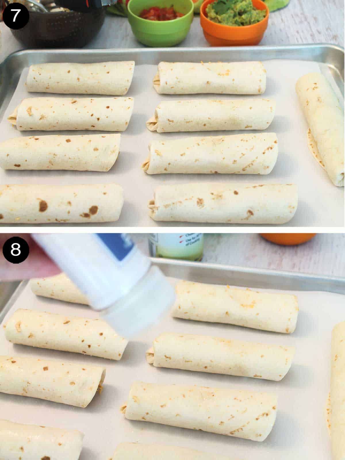 Steps to bake chicken taquitos.