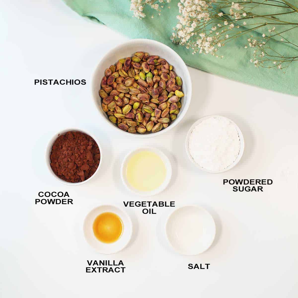 Ingredients for chocolate pistachio spread.