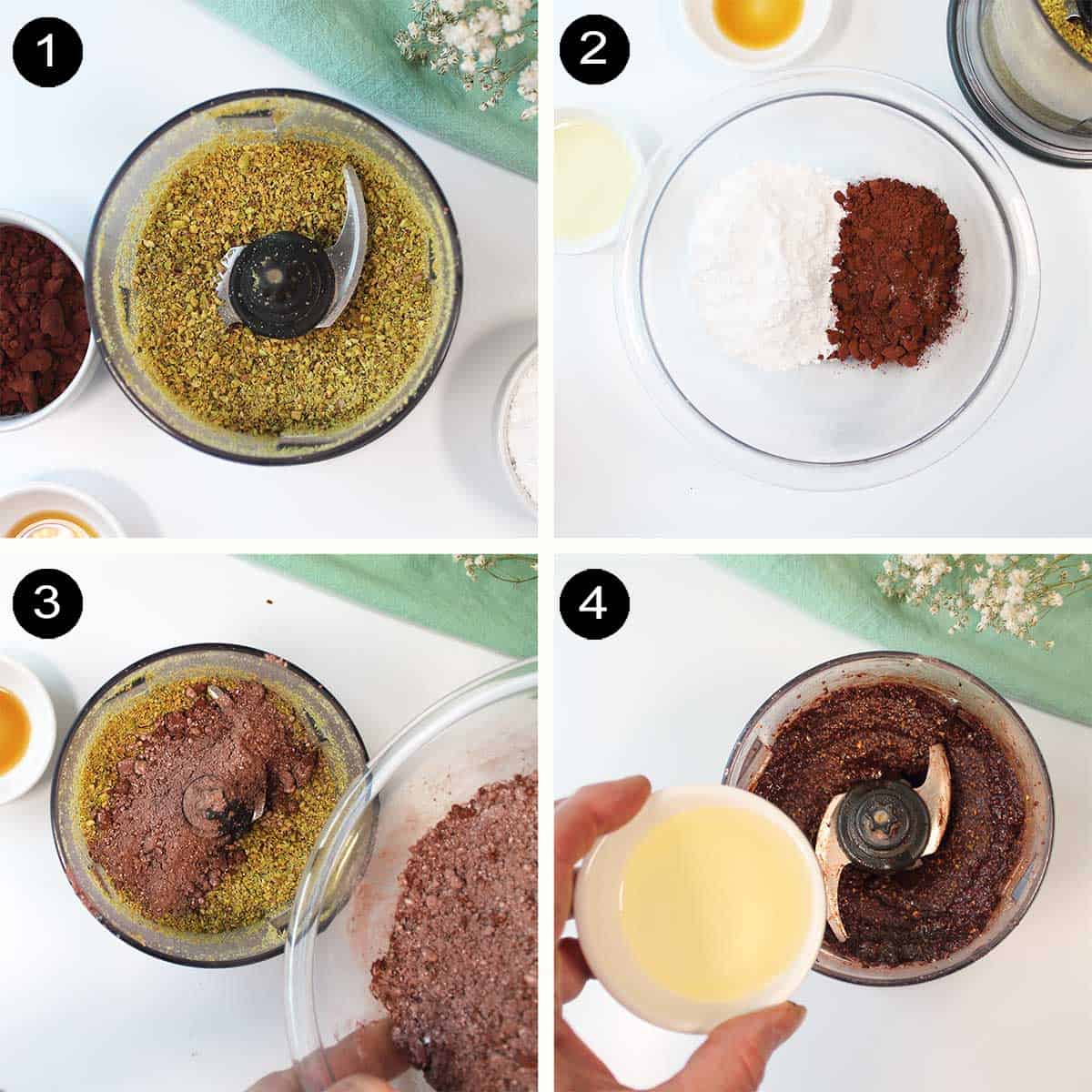 Steps to make chocolate pistachio spread.