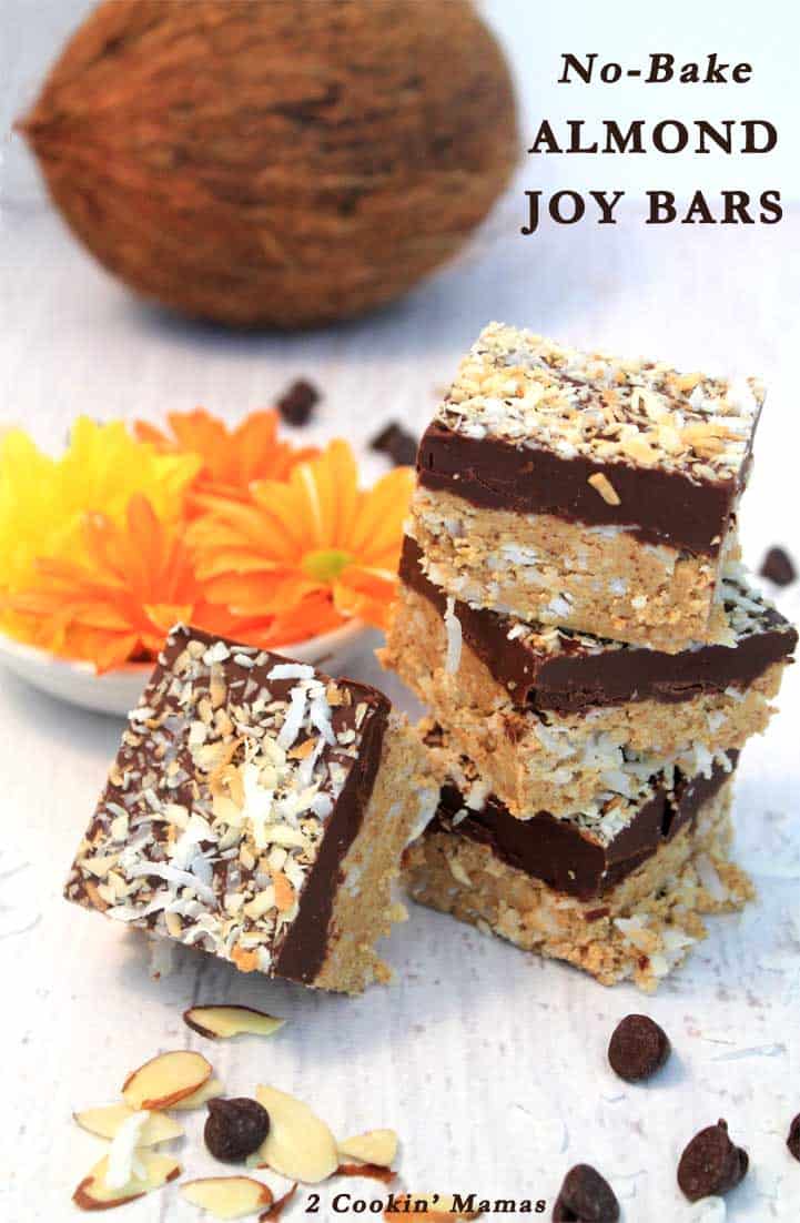 No Bake Almond Joy Bars | 2 Cookin Mamas Easy to make with no baking required! Full of coconut, almond & choclaty goodness and tastes just like your favorite Almond Joy bar. #recipe #cookies #dessert