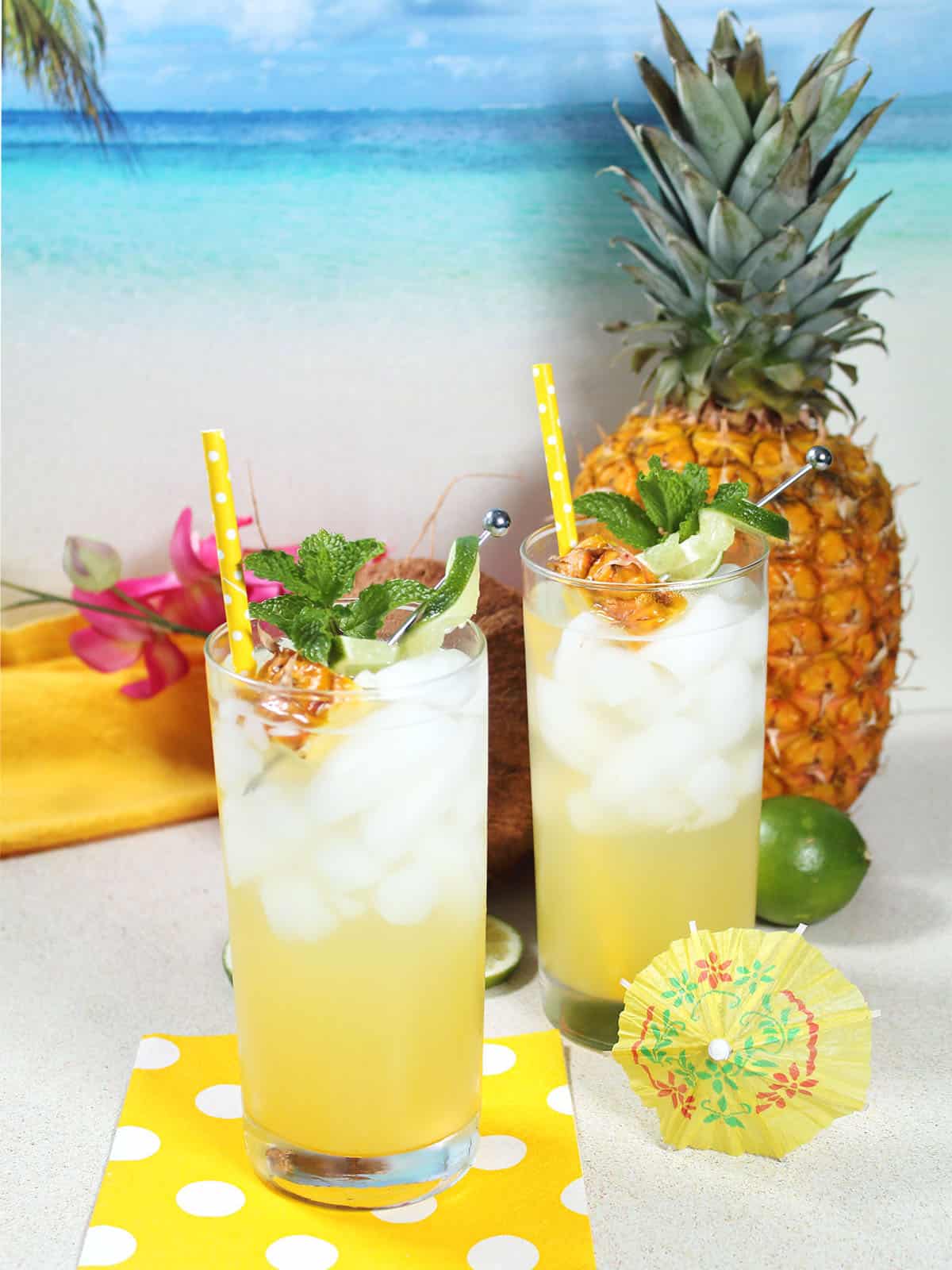 Garnished pineapple coconut mojito with pineapple and mint.