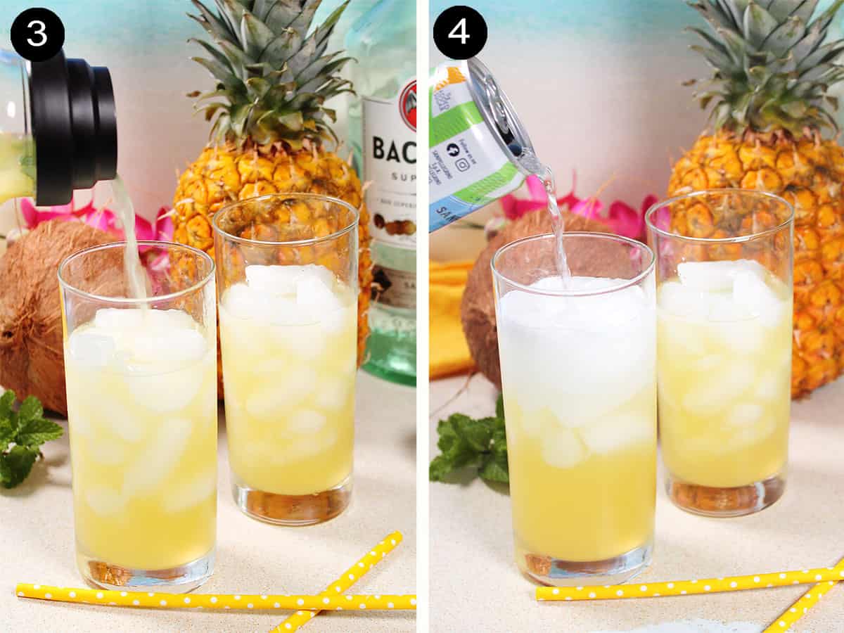 Topping coconut pineapple mojito with sparkling water.