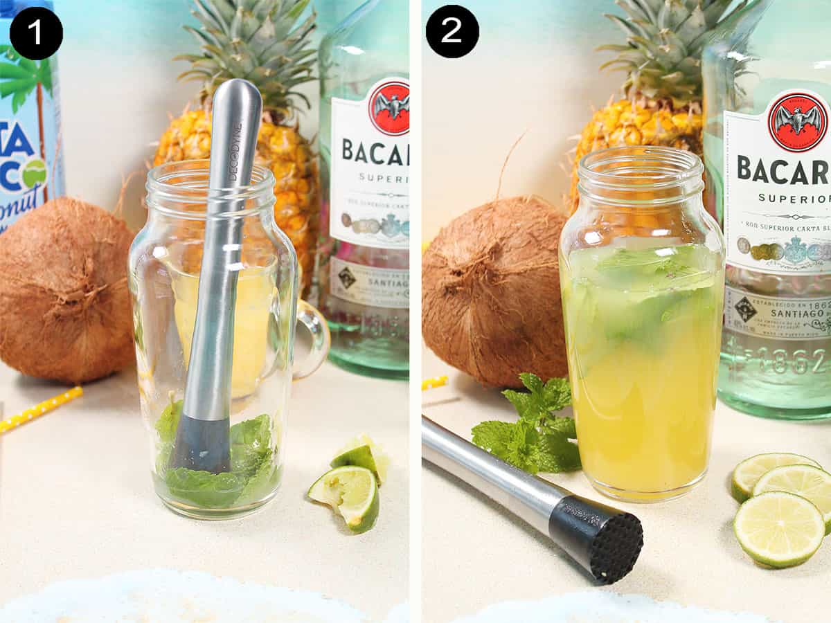 Muddling mint and mixing with rum and pineapple juice.
