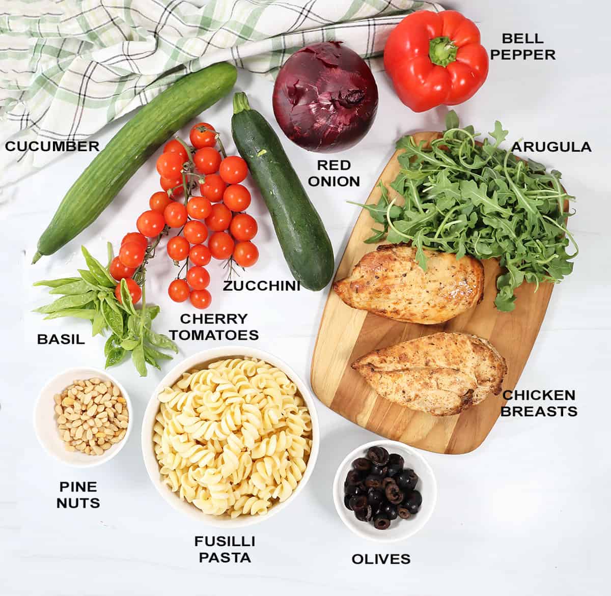 Ingredients for summer cold pasta salad recipe.