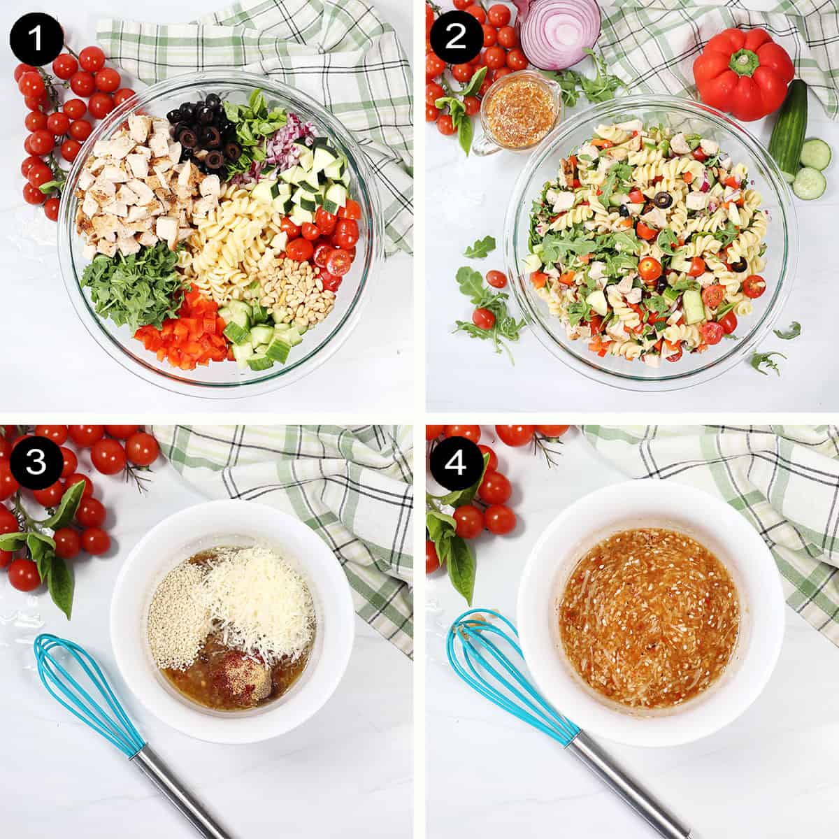 Steps to make pasta salad with chicken.