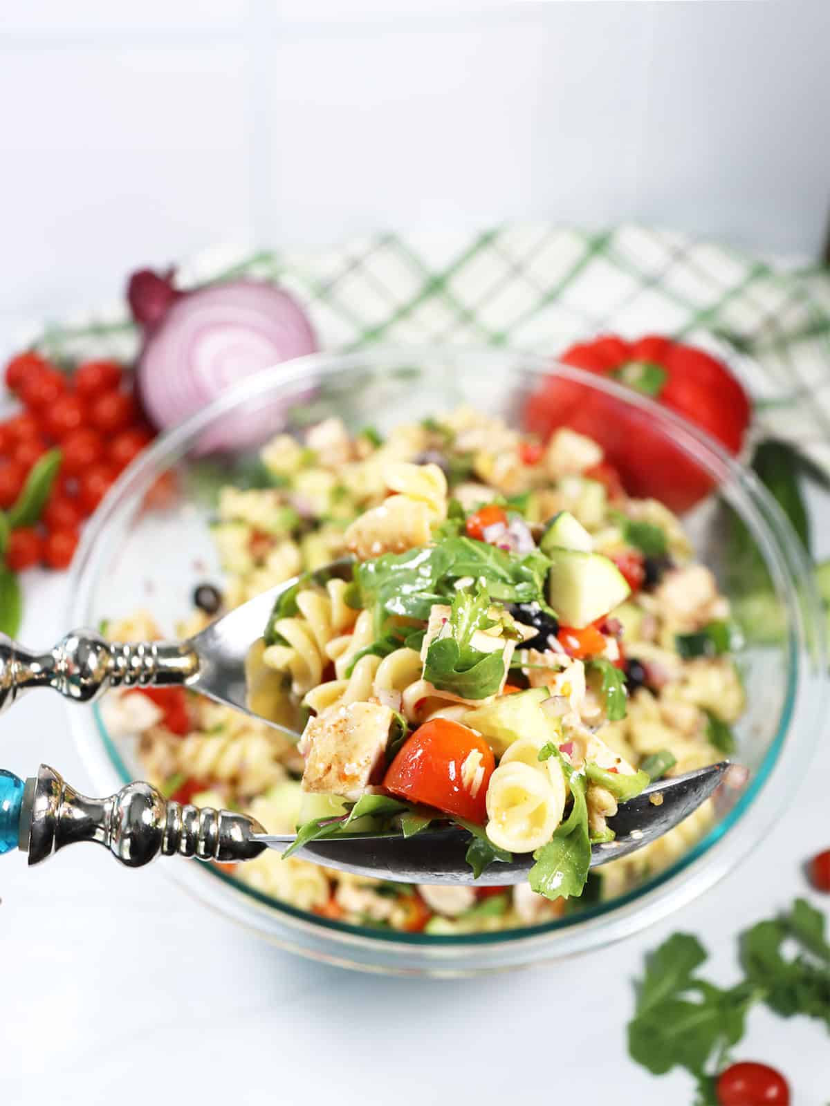 Serving up some summer vegetable pasta salad.