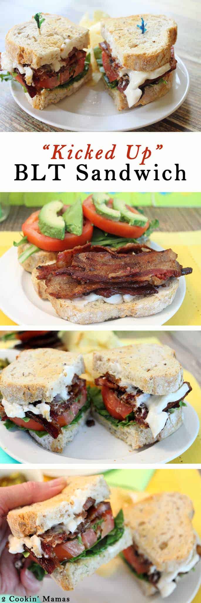 Kicked Up BLT Sandwich | 2 Cookin Mamas A BLT with a little something extra - jalapeno bacon! Dress it with bacon mayo, arugula, plump juicy tomatoes and avocado & you've got yourself one unforgettable BLT sandwich!