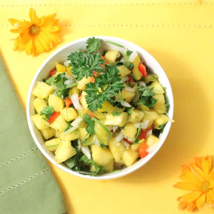 Pineapple Salsa in white bowl overhead