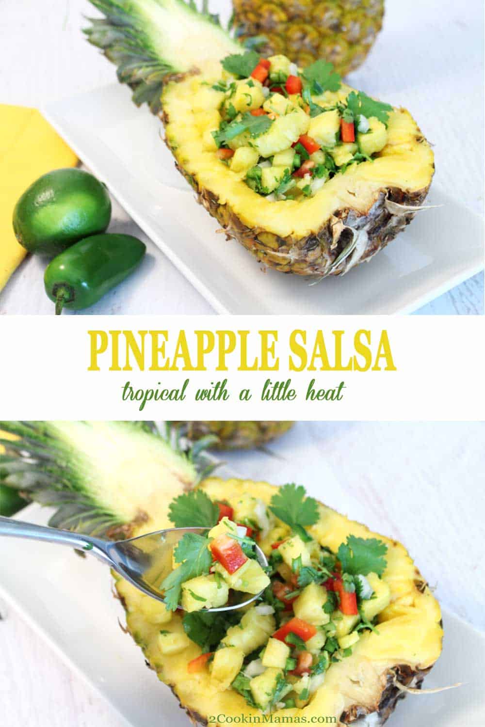 Tropical Pineapple Salsa | 2 Cookin Mamas This fresh pineapple salsa combines pineapple, cilantro, bell peppers & garlic for a tasty tropical flavor then punches up the heat with jalapeno. Perfect for summer grilling as a topping for grilled chicken, seafood or fish. #pineapplesalsa #salsa #tropicalsalsa #pineapple #jalapeno #spicy #chicken #seafood