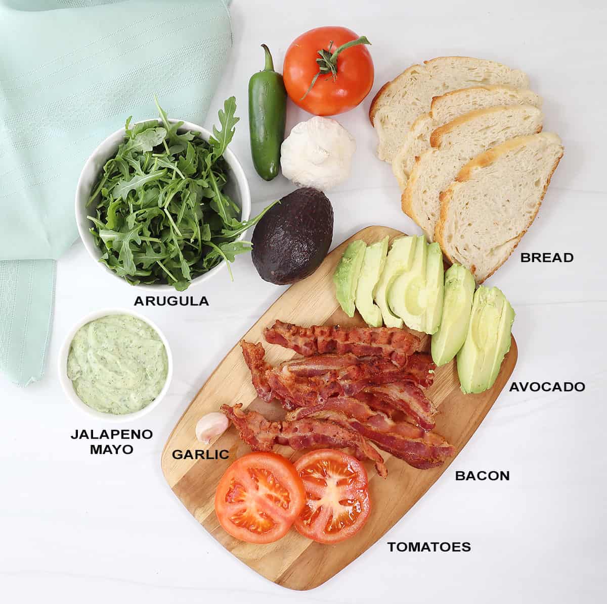 Ingredients for BLT with avocado.