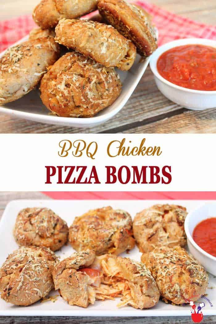 BBQ Chicken Pizza Bombs | 2 Cookin Mamas BBQ Chicken Pizza Bombs make a quick & easy appetizer or weeknight dinner. Pizza dough stuffed with BBQ chicken, veggies, cheese & rolled into a ball. Yum! #recipe #dinner #appetizers #chicken #BBQchicken