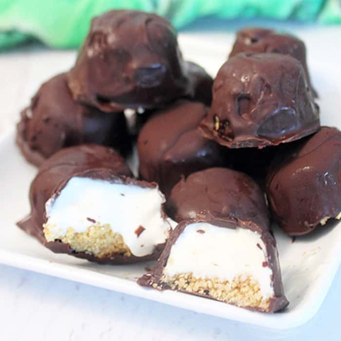 Lime bites on a white plate showing key lime filling and graham cracker layers.