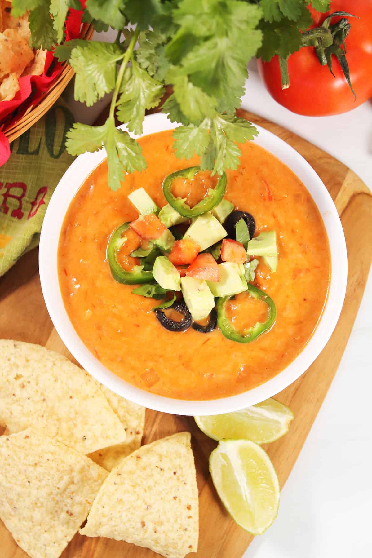 Spicy Queso Cheese Dip with garnishes.